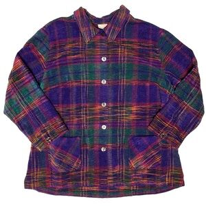 Vintage Koret Chenille Plaid Button Up Shacket Cardigan Colorful Cottage 26W